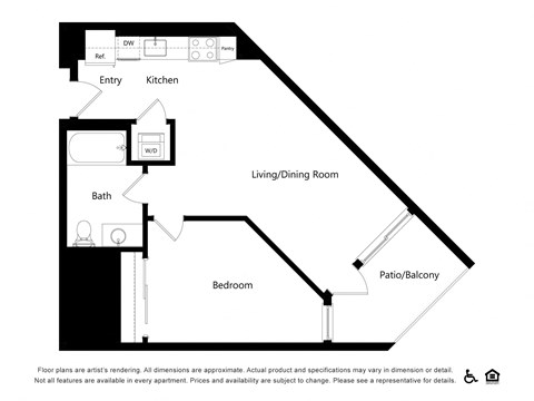 Floor plan for 1 bed, 1 bath, 654 sqft